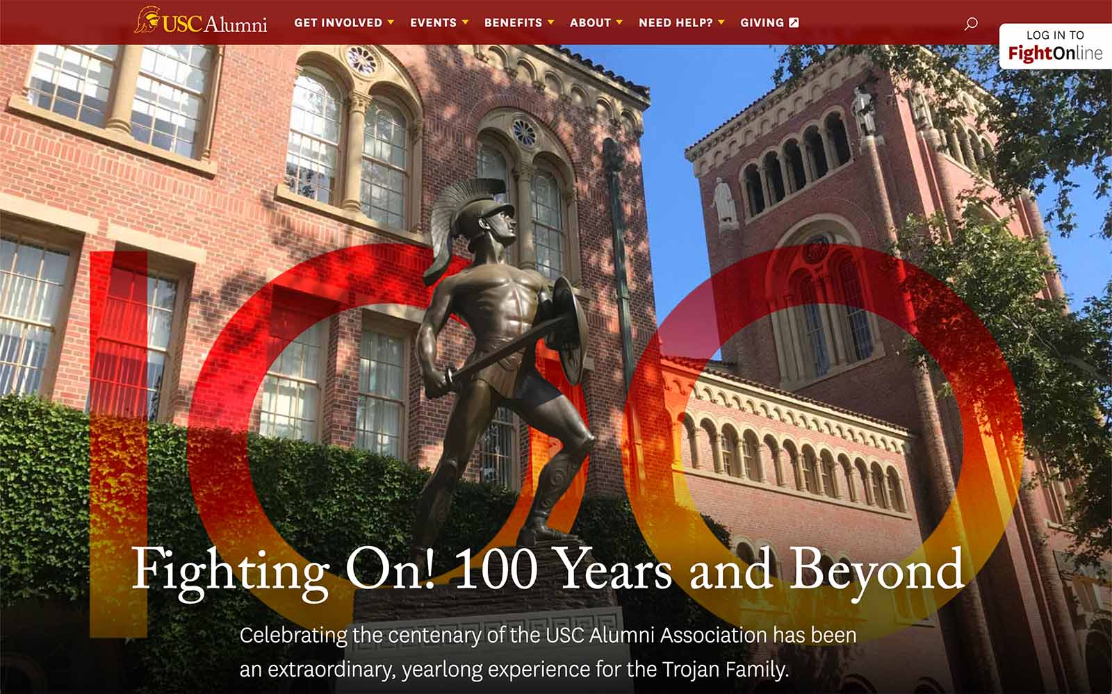 screenshot of USC Alumni 100th anniversary page