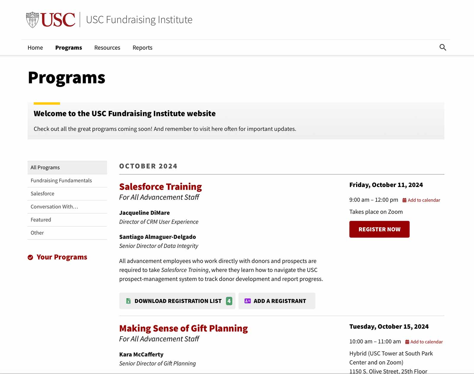 screenshot from the USC Fundraising Institute