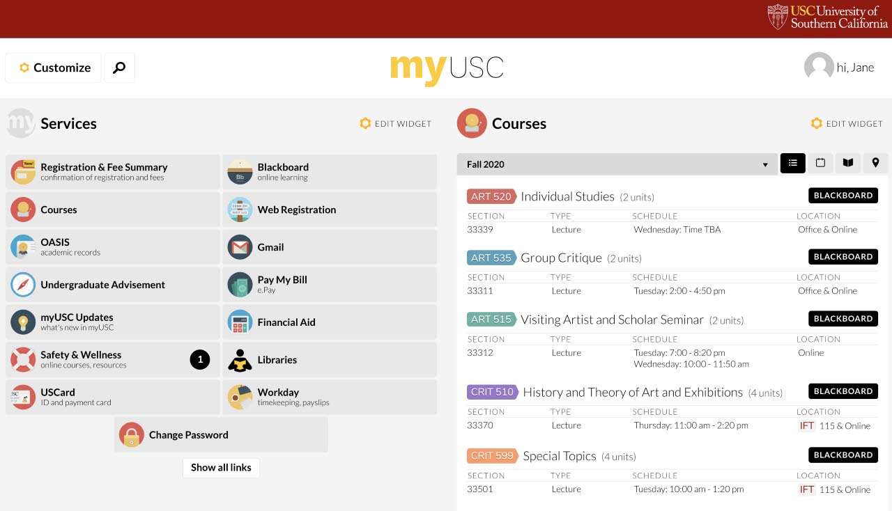 myUSC dashboard